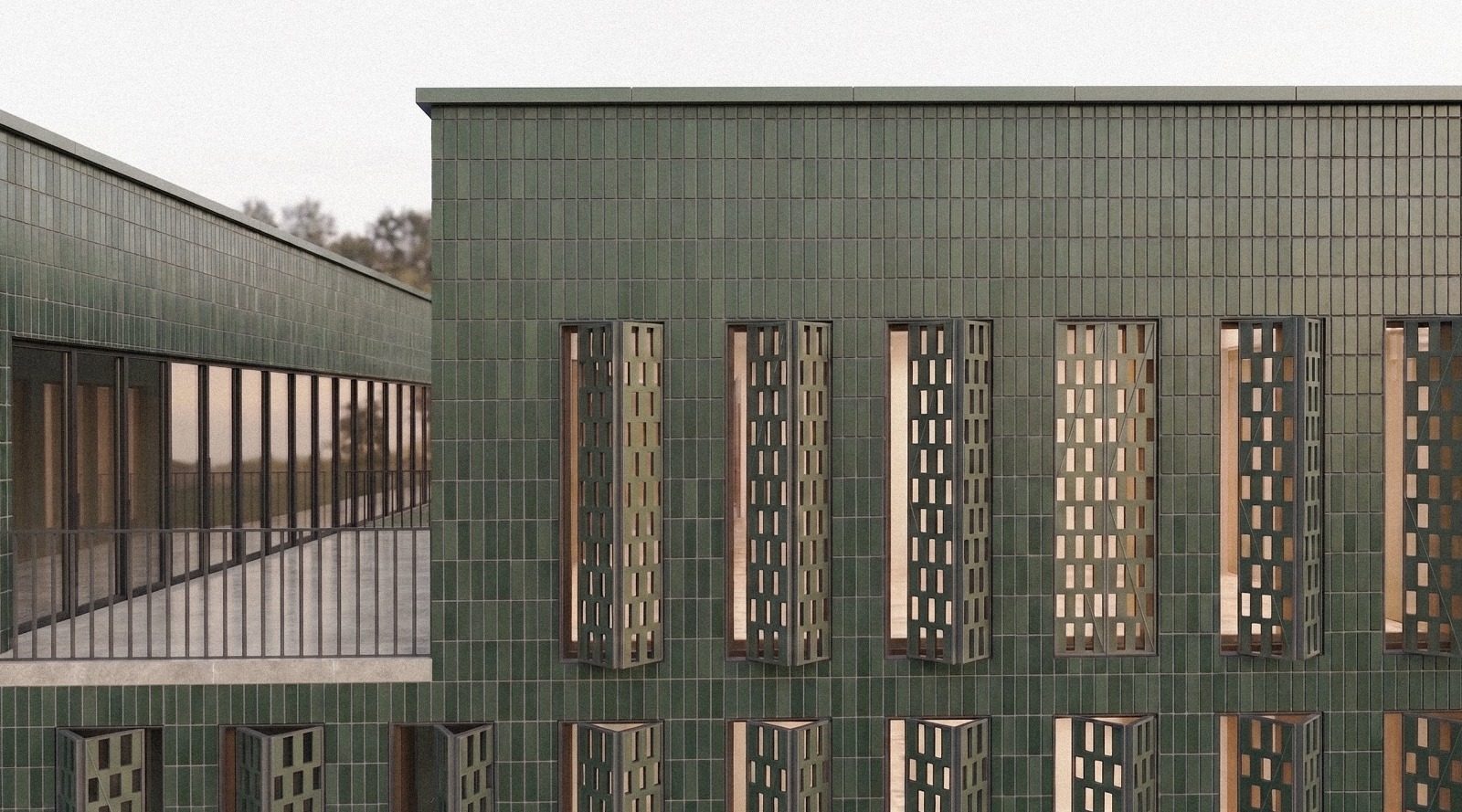 Randare cu detaliu de fațadă verde și tâmplării verticale